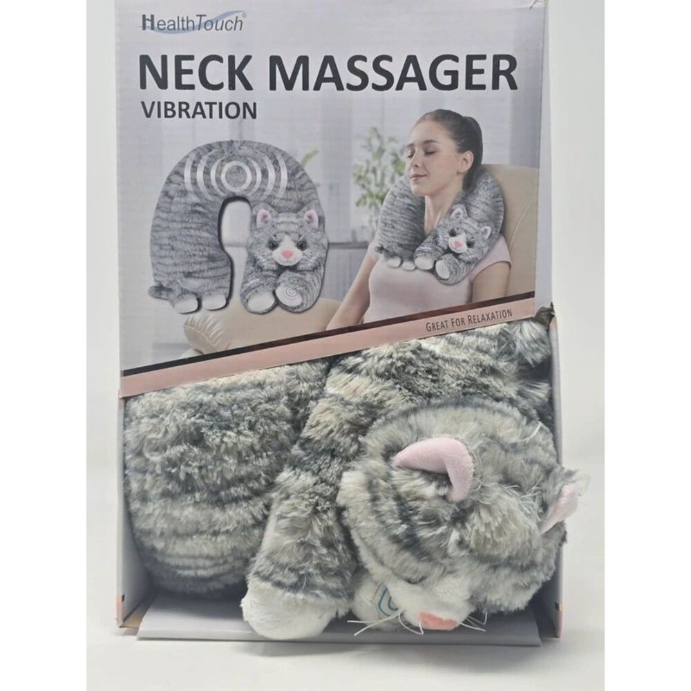 HealthTouch Plush Cat Vibration Neck Massager – Grey Tabby Kitty Pillow